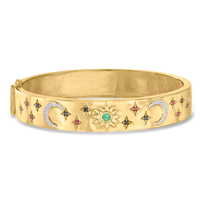 Gold bangle bracelet with celestial charms, blue/pink/green gemstones, diamond accents