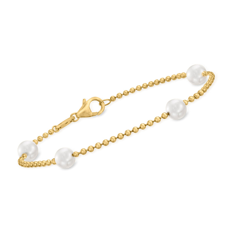 18kt yellow gold pearl station bracelet with three 6–6.5mm cultured pearls