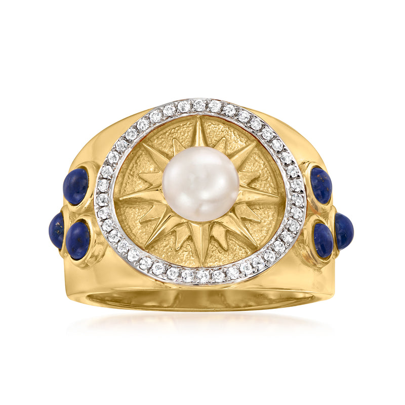 Gold ring with round pearl center, diamond halo, and blue lapis stones on shoulders