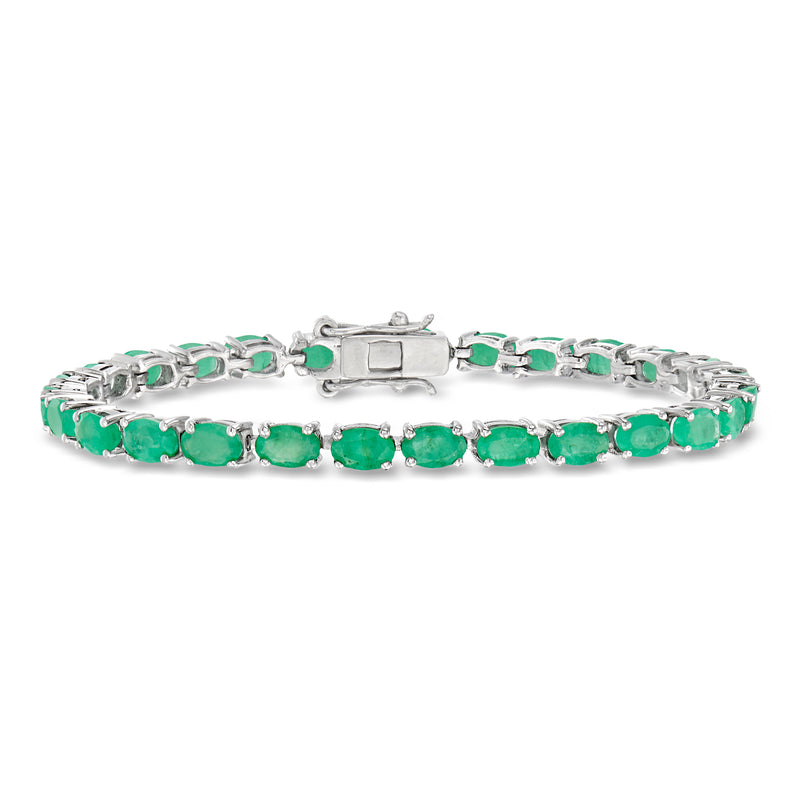 Sterling silver tennis bracelet with oval green emerald-cut stones, box clasp