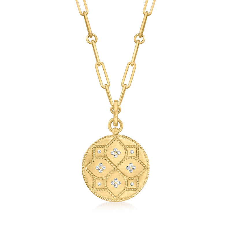 18kt yellow gold pendant necklace with round blue enamel and diamond accents