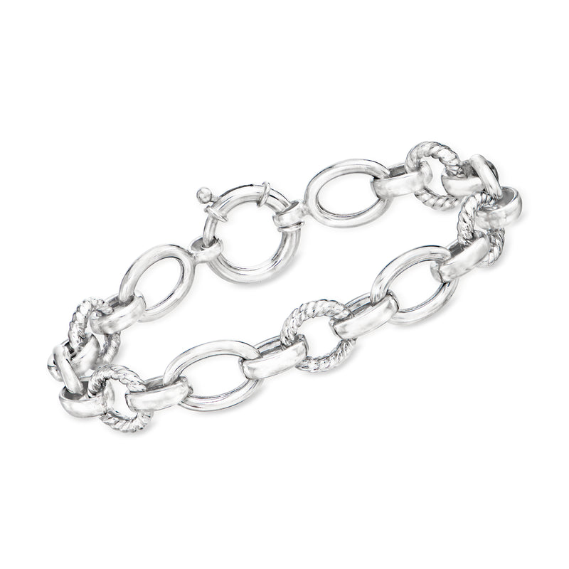 Sterling silver mixed-link bracelet with oval and twisted rope-texture links