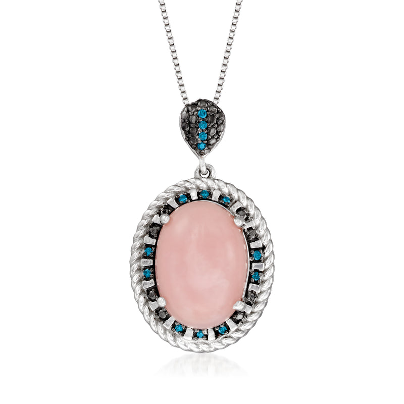 Sterling silver pendant necklace with oval pink opal center and blue diamond accents