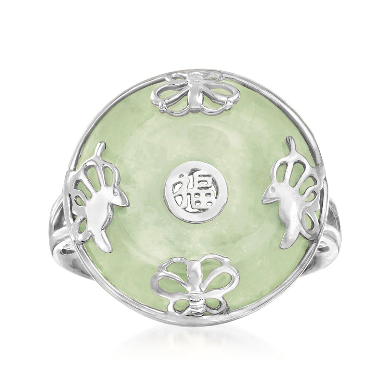 Sterling silver ring with green jade-like oval and butterfly cutout accents