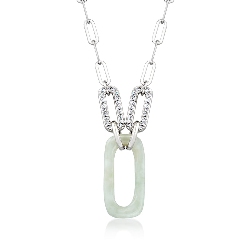 Sterling silver paper clip link necklace with jade pendant and white topaz accents