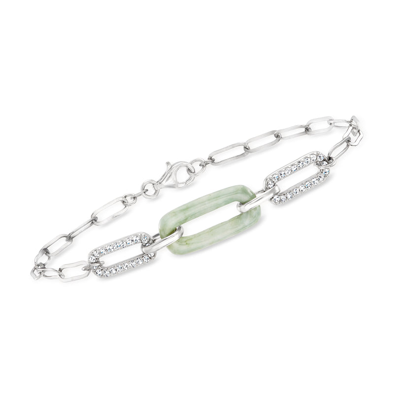 Sterling silver paper clip link bracelet with jade center links and white topaz accents