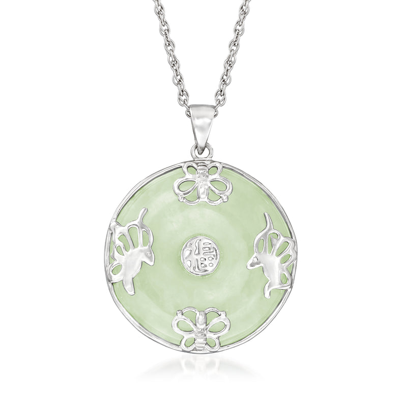 Sterling silver jade butterfly pendant necklace with round green jade disc and carved butterflies