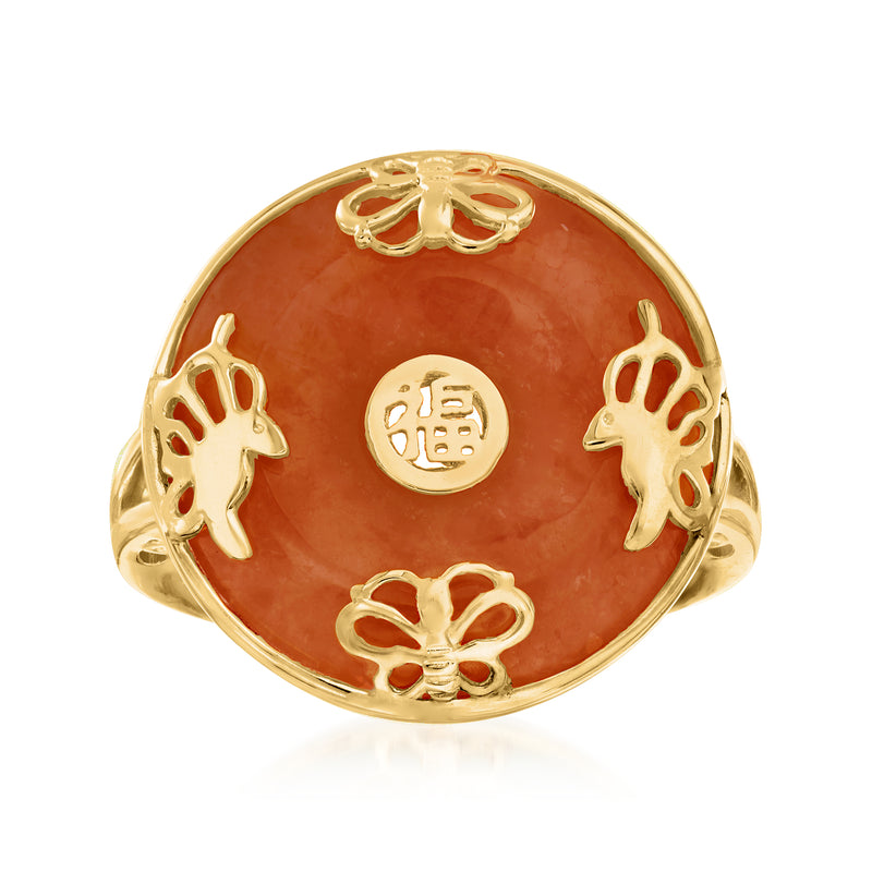 Gold ring with oval red jade, butterfly motifs and round luck charm center