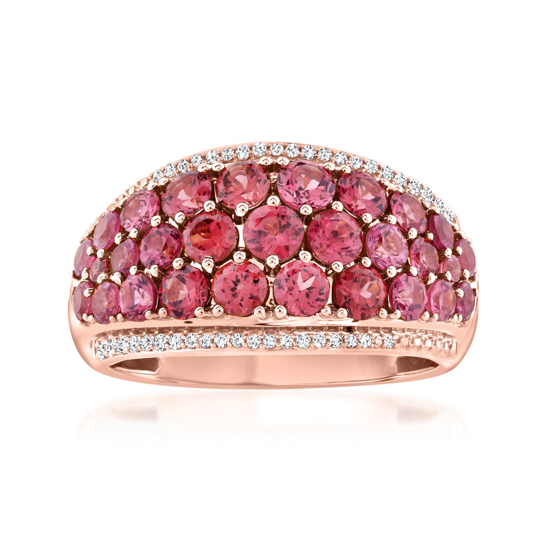 14kt rose gold rhodolite garnet ring with pink stones and diamond accents