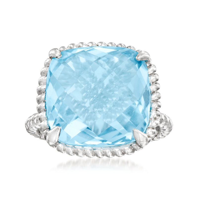 Sterling silver roped ring with large sky blue topaz cushion gemstone