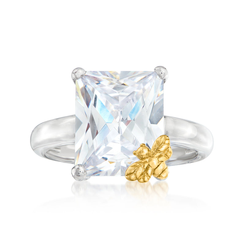 Two-tone sterling silver CZ ring with large square-cut stone and gold bee detail