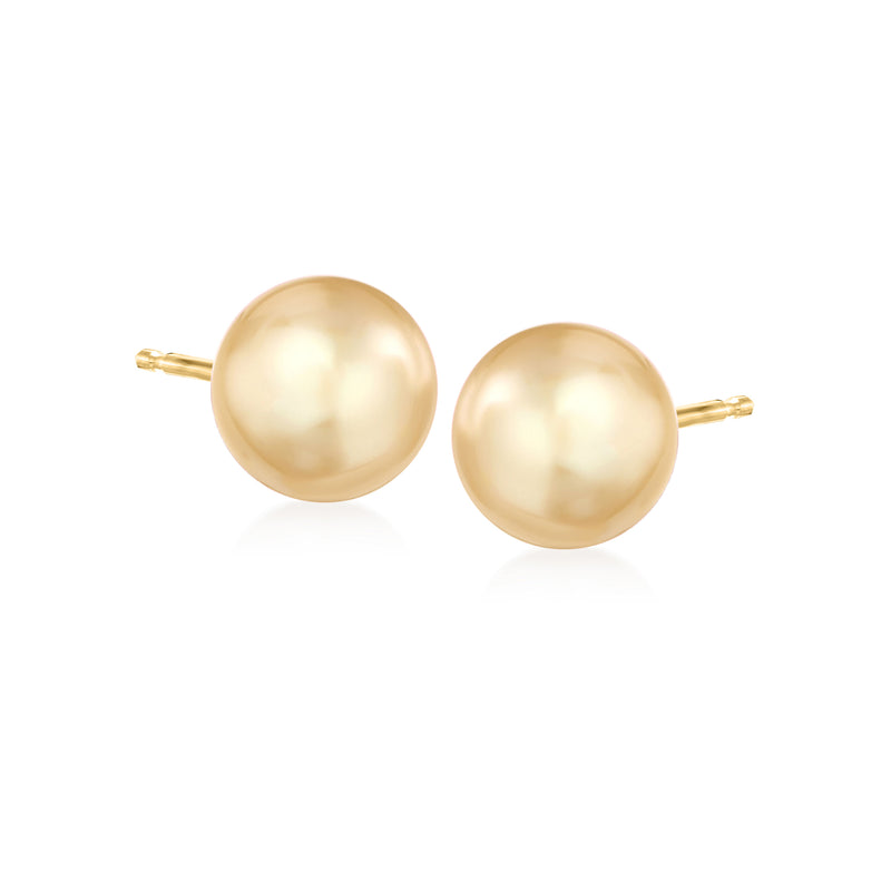 14kt yellow gold pearl stud earrings with golden South Sea pearls, round.