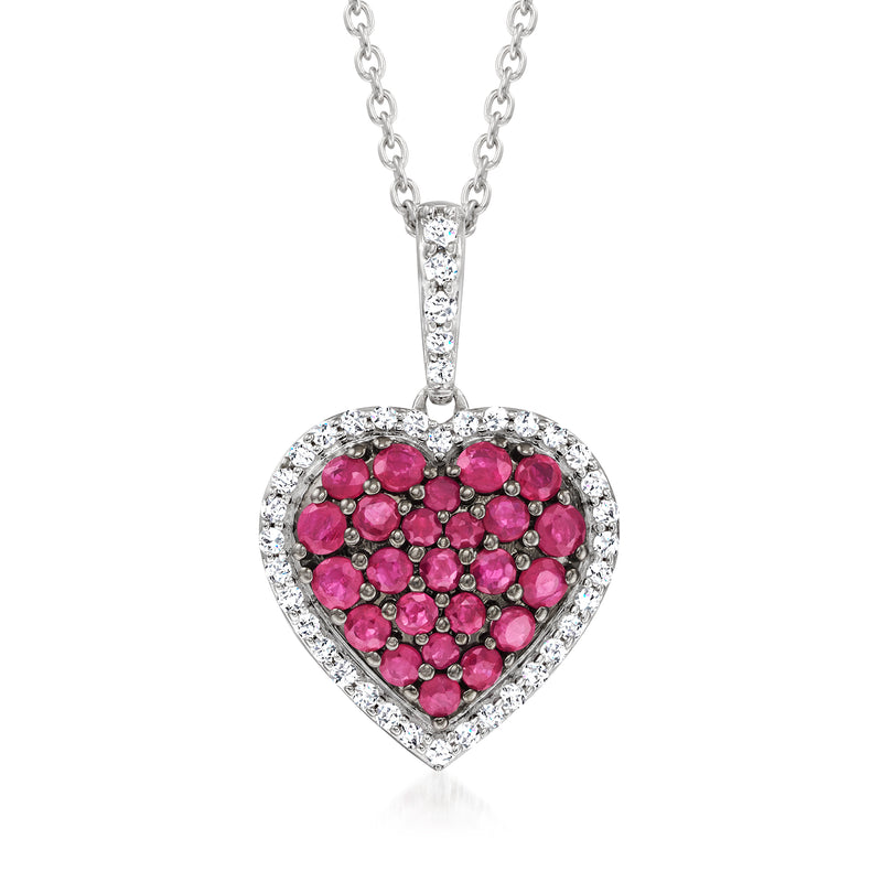 Sterling silver heart pendant necklace with pink gemstones and white zircon accents