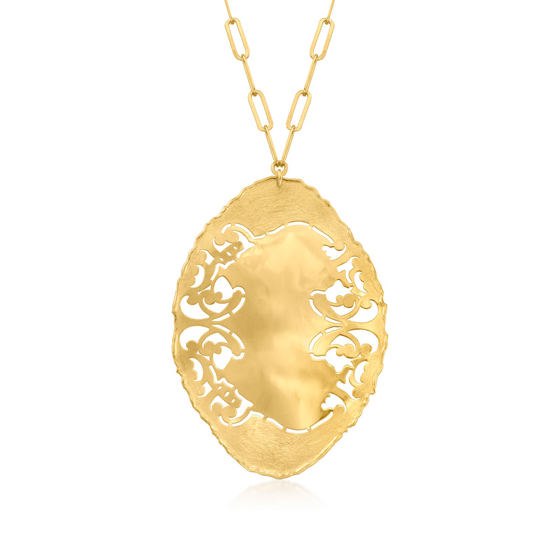 Gold-tone openwork floral medallion pendant necklace with oval charm and link chain