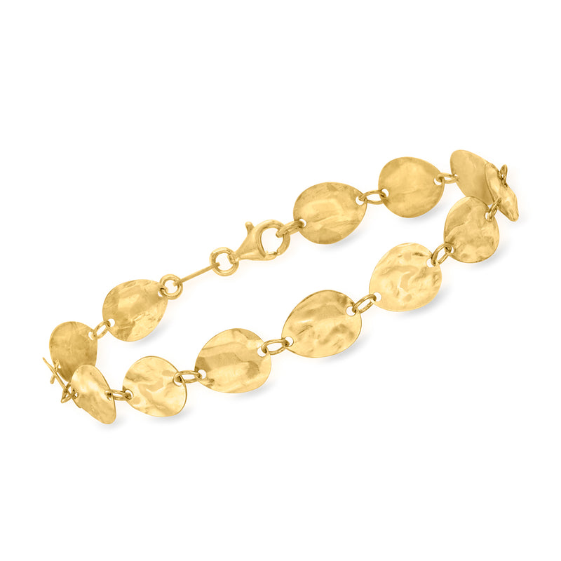 Gold-tone hammered disc link bracelet with polished finish and chain clasp