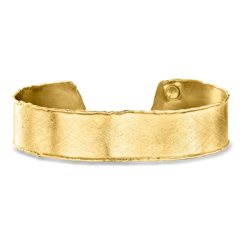 Gold-tone wide cuff bracelet with hammered finish and snap-button detail