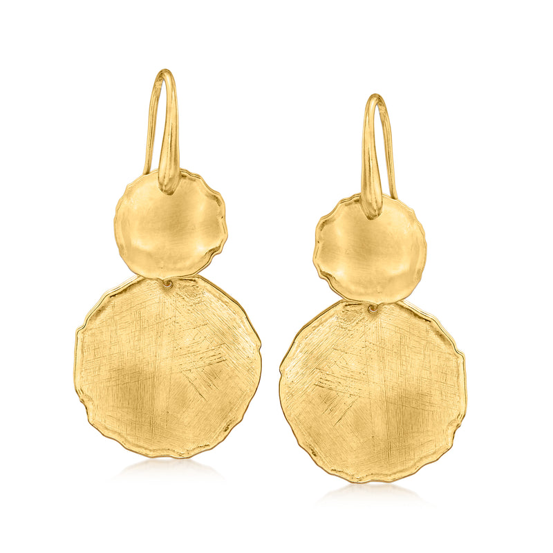 Gold over sterling circle drop earrings with textured discs, earwire style