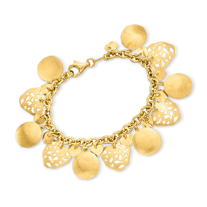 Gold-tone charm bracelet with heart and circle medallion charms on linked chain