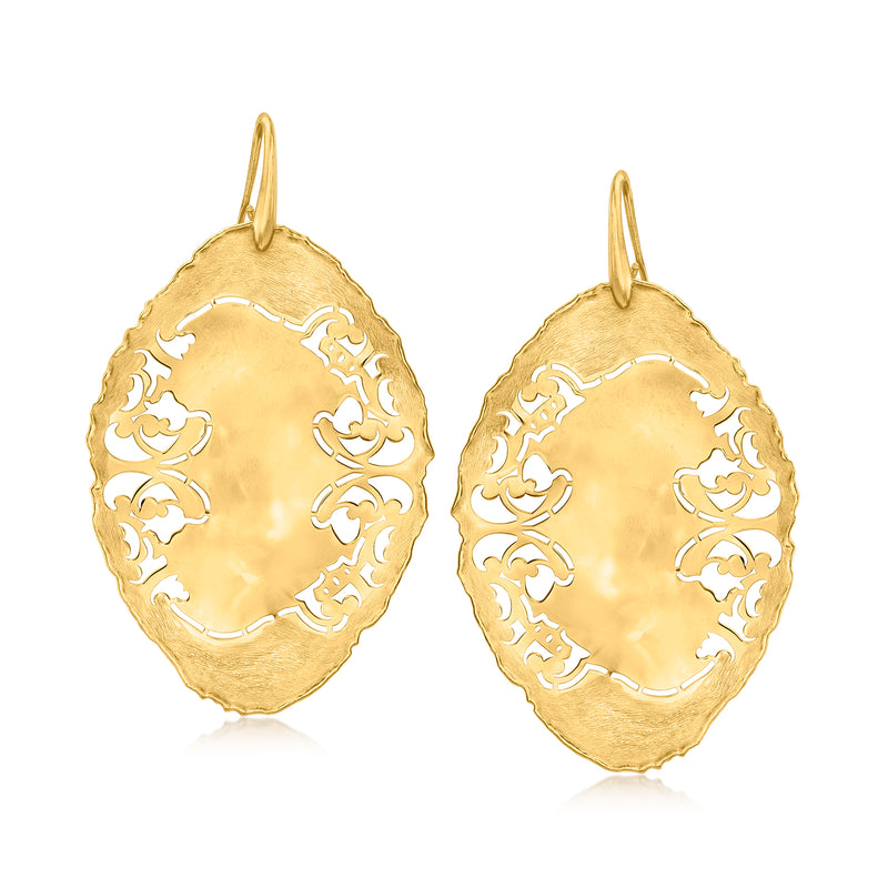 Gold-tone oval disc drop earrings with floral openwork and fishhook earwires