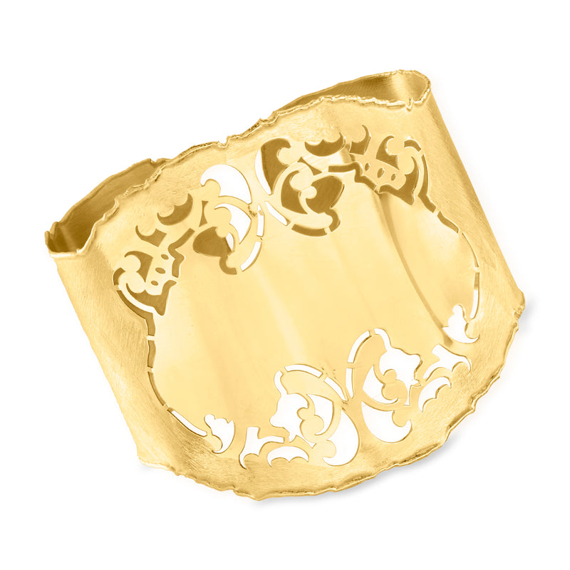 Gold-tone floral openwork cuff bracelet with broad hammered edge