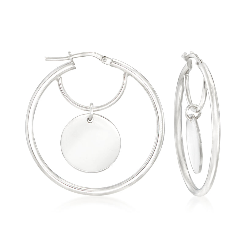 Sterling silver circle hoop earrings with round personalized charm disc