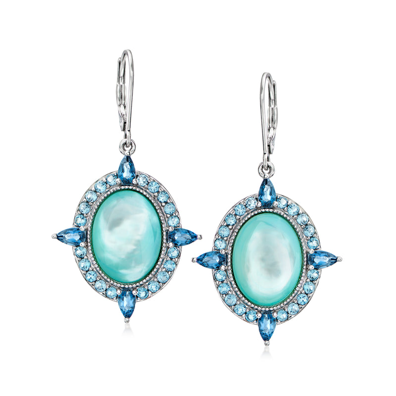 Sterling silver drop earrings with oval aqua center and blue gemstones, leverback