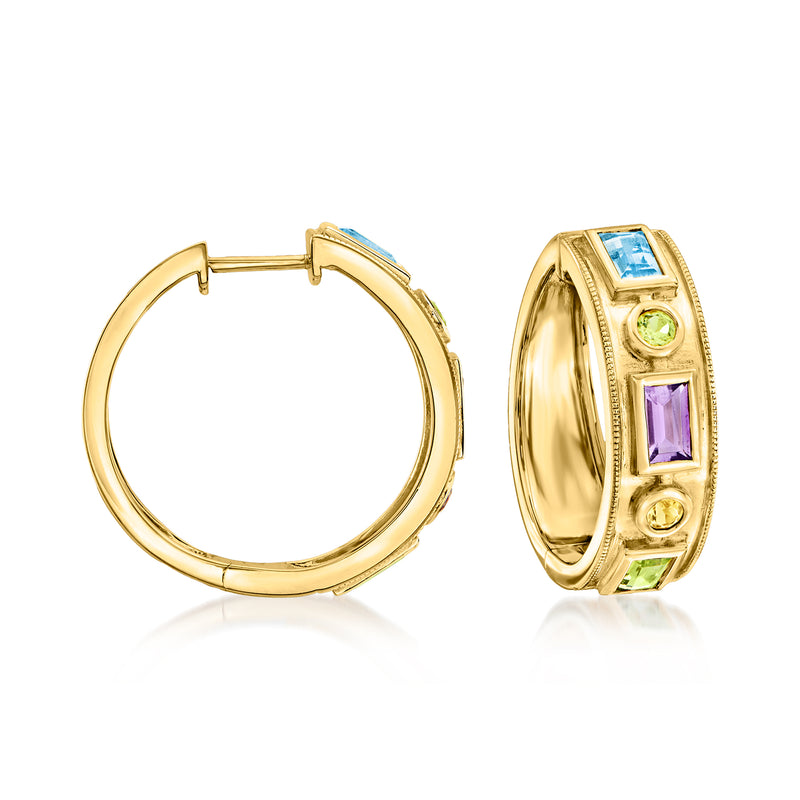 Gold hoop earrings with multi-color square gemstones in bezel settings