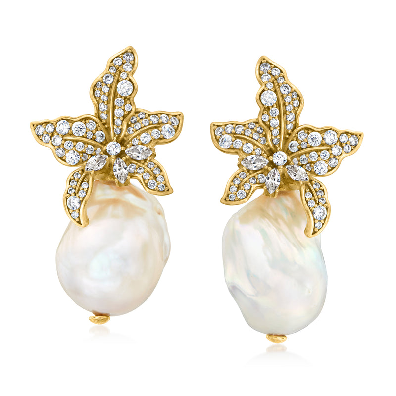 Gold flower stud earrings with CZ petals and large cultured baroque pearl drop