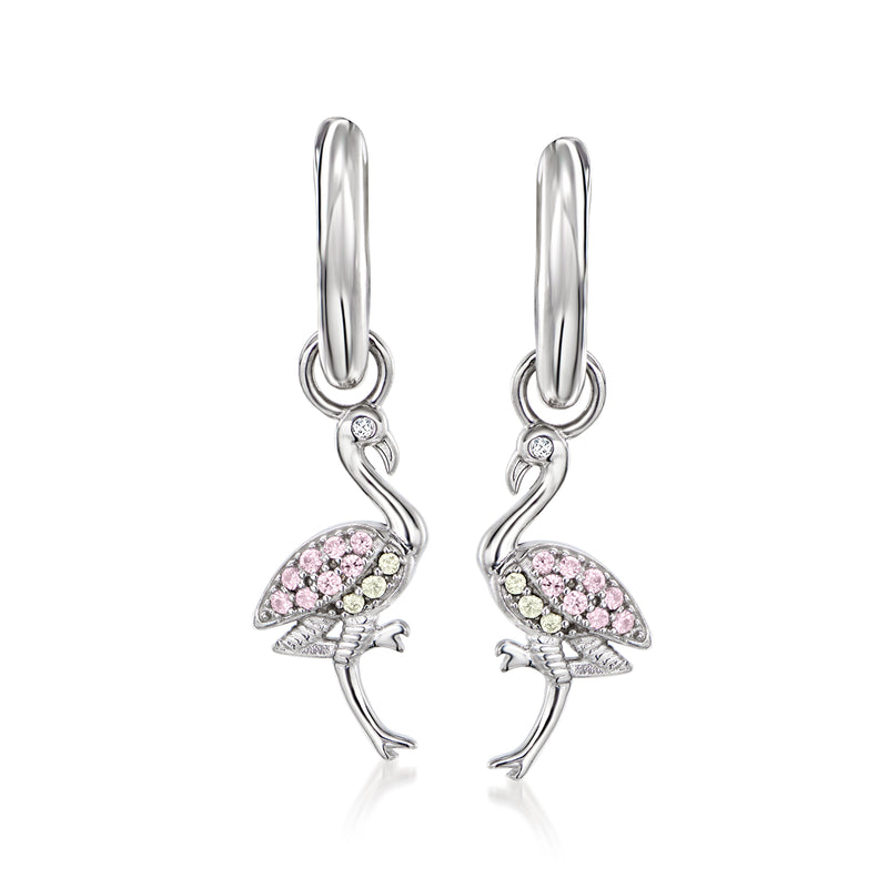 Sterling silver huggie hoop earrings with pink CZ flamingo charms and clear stones