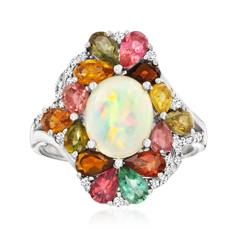 Sterling silver opal multi-gemstone ring with oval white opal center and colorful accents