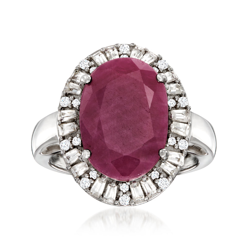 Oval ruby gemstone ring in sterling silver with halo of white zircon accents