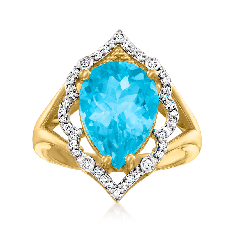 18kt gold over sterling ring with Swiss blue topaz center and diamond halo