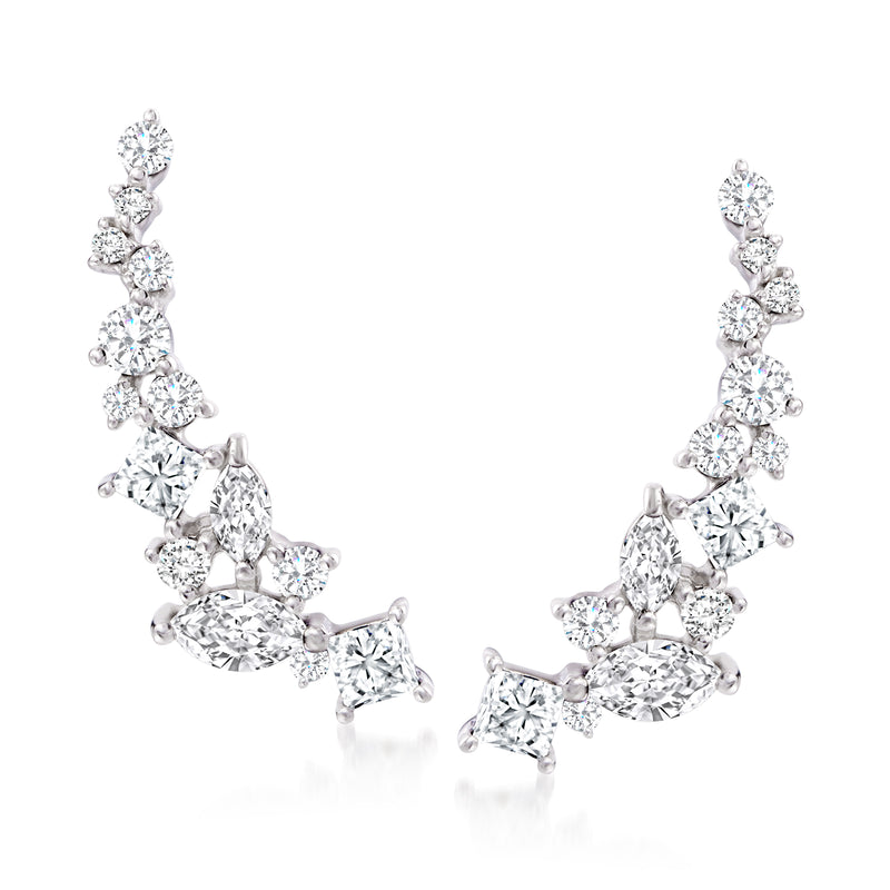 14kt white gold diamond ear climbers with clustered round stones, post backs