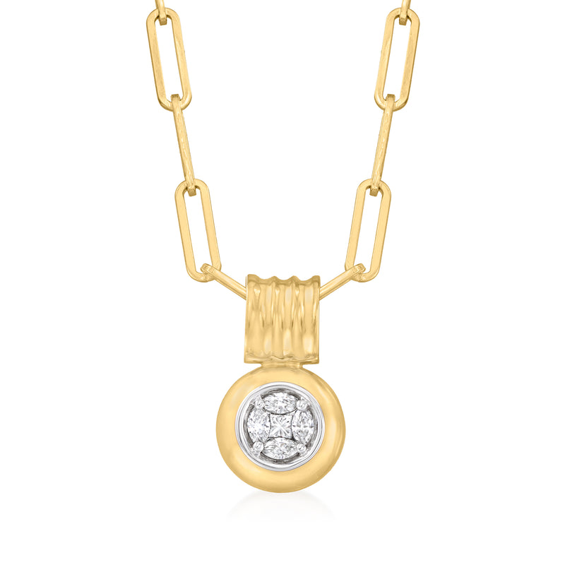 14kt yellow gold paper-clip link necklace with round diamond cluster pendant
