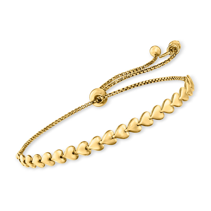 Gold heart-link bolo bracelet with adjustable cord and round clasp
