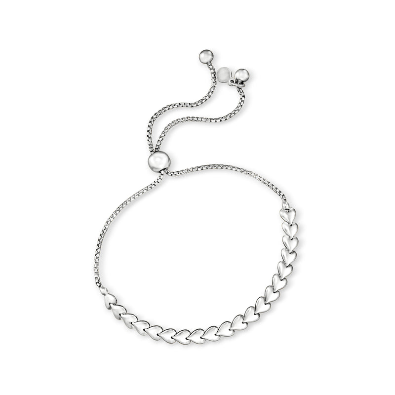 Sterling silver heart-link bolo bracelet with bolo cord and heart charms at ends