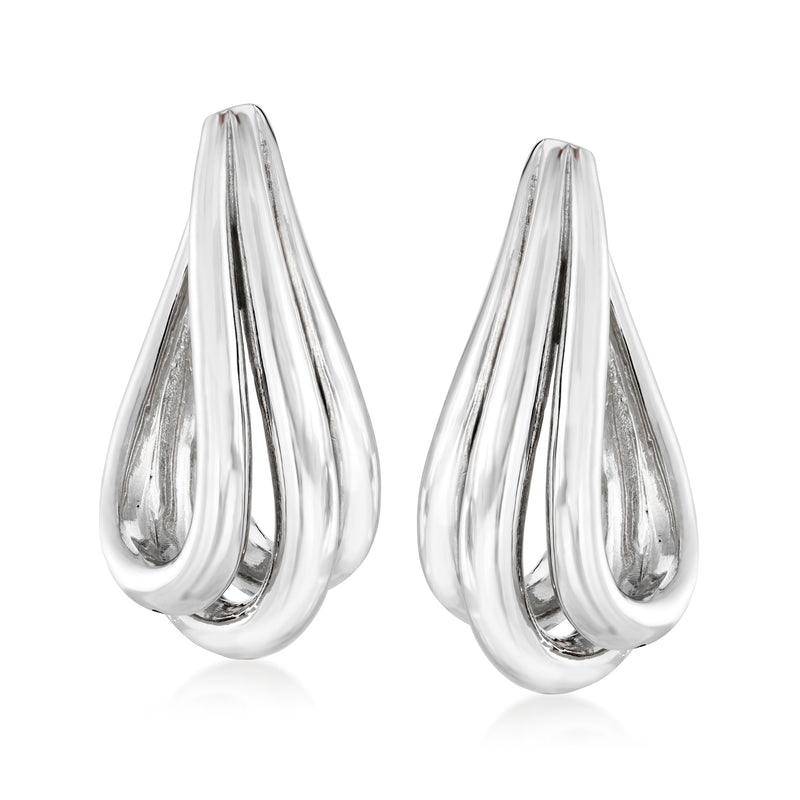 Polished sterling silver twisted hoop earrings, teardrop shape, ribbed texture