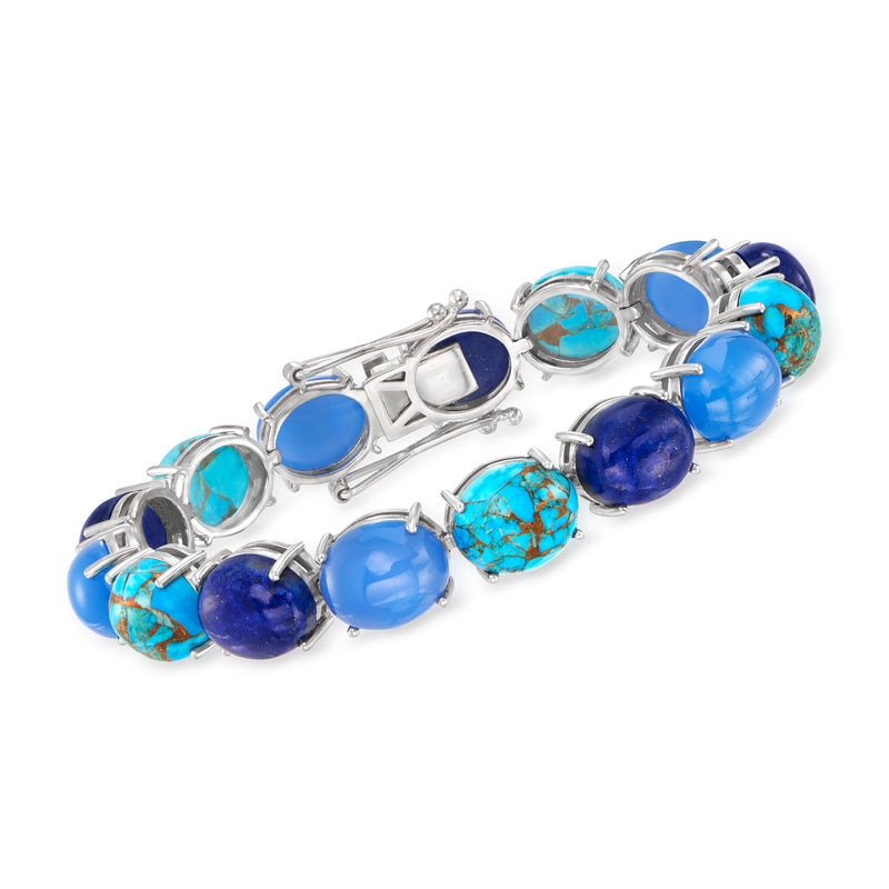 Sterling silver multi-gemstone bracelet with oval blue and turquoise stones