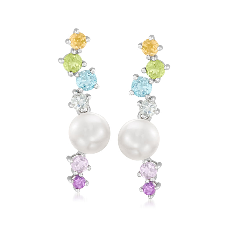 Sterling silver drop earrings with large white cultured pearl and multicolor gemstone clusters