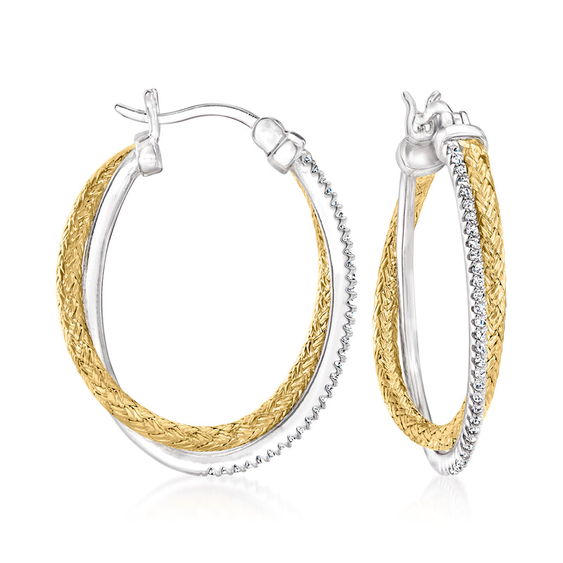 Charles Garnier two-tone sterling silver crisscross mesh hoop earrings with CZ sparkle