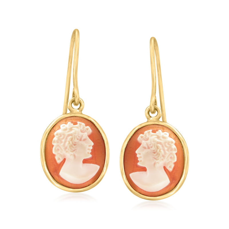 14kt yellow gold cameo drop earrings with orange shell portrait medallions