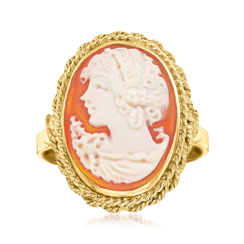 18kt gold over sterling cameo portrait ring with oval orange shell scene