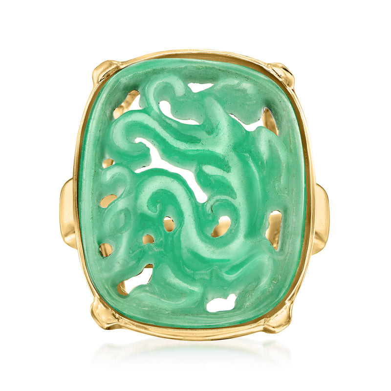 Carved dragon ring with oval green gemstone bezel in gold-tone metal