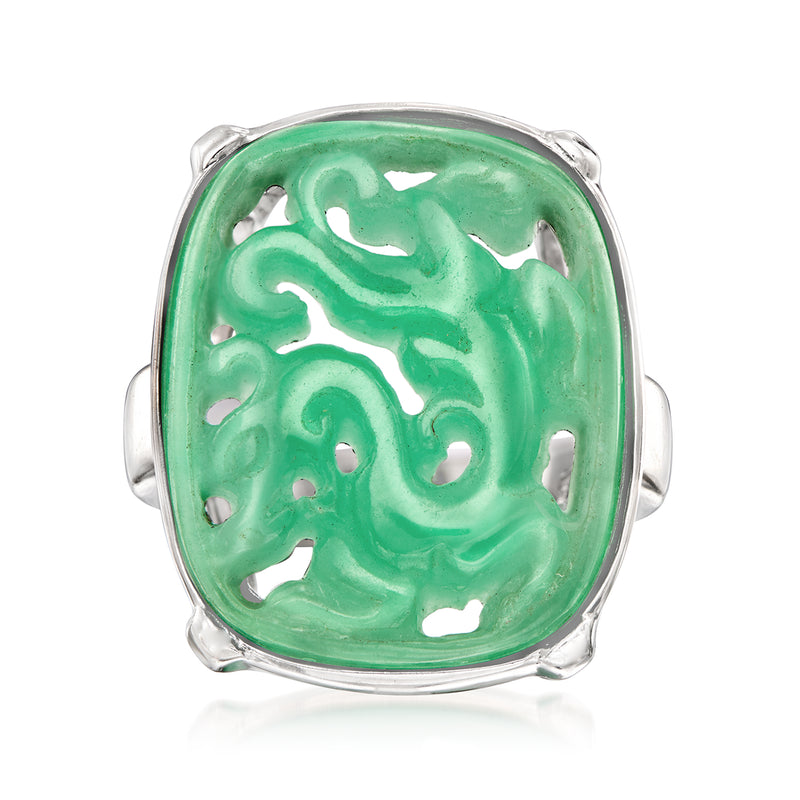 Sterling silver ring with carved green jade dragon centerpiece
