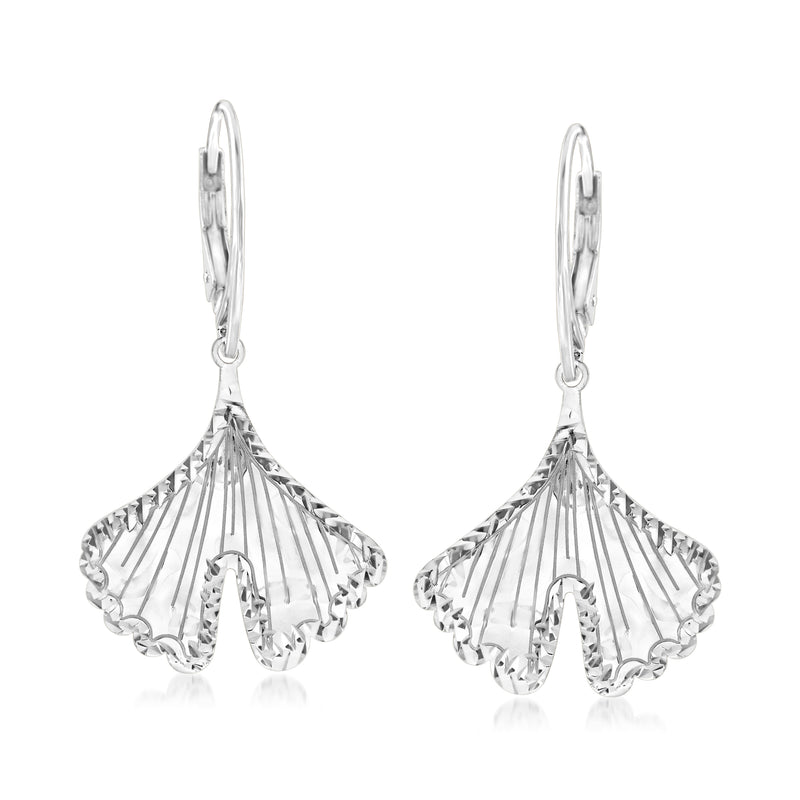 Sterling silver ginkgo leaf drop earrings with leverback and fan-cut scalloped petals