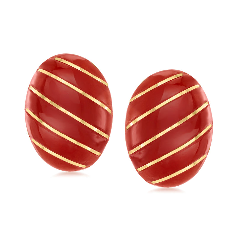 Red striped carved jade oval stud earrings with 14kt yellow gold posts