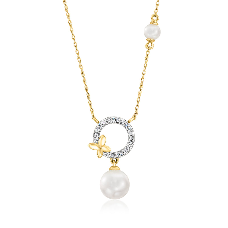 14kt yellow gold butterfly pearl necklace with diamond halo and white cultured pearl
