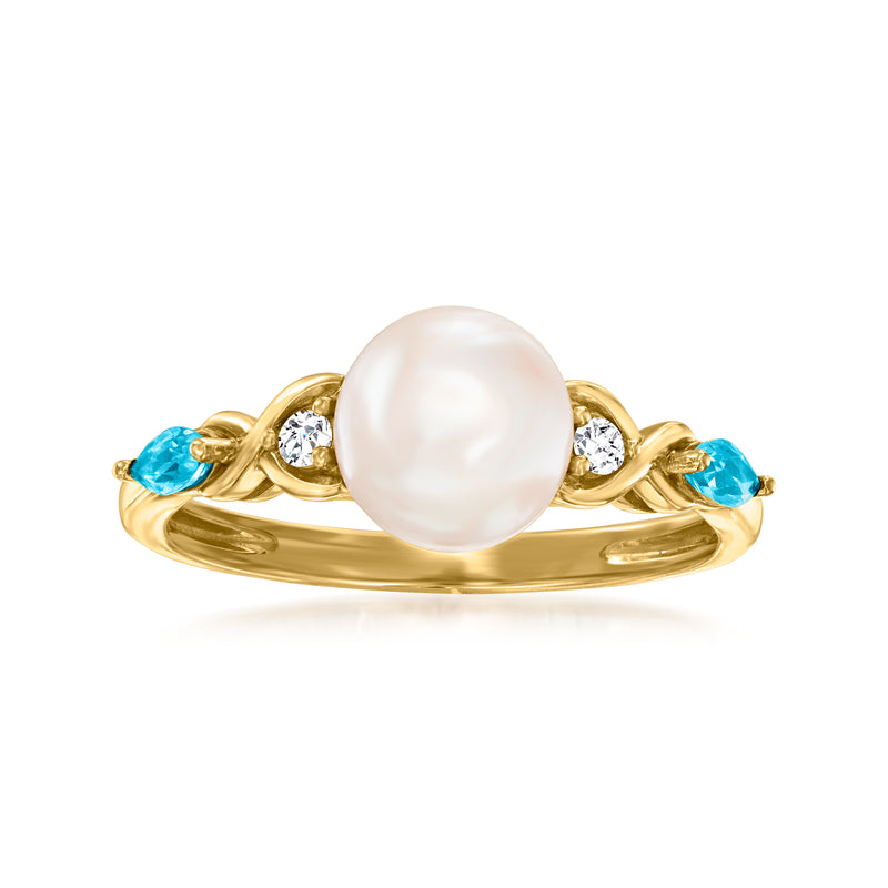 14kt yellow gold ring with cultured pearl, blue topaz, and diamond accents