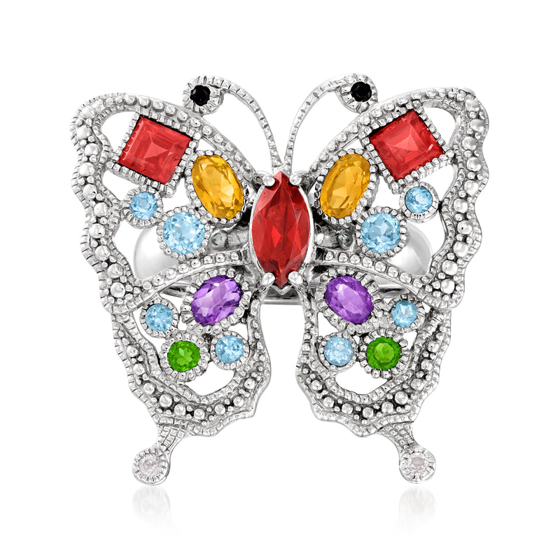Sterling silver milgrain butterfly ring with red, yellow, purple, blue oval gemstones