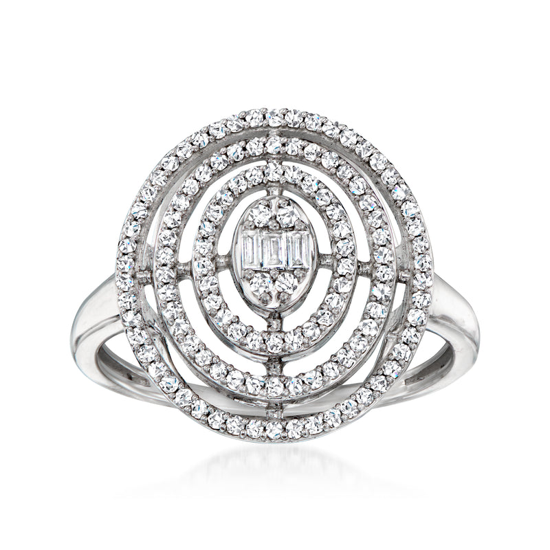 Sterling silver oval diamond cluster ring with circular halo and prong-set oval center